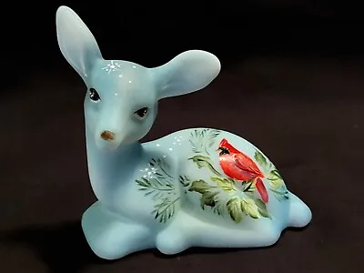 Fenton Glass Blue Deer W Cardinal Red Bird Winter Christmas Ltd Ed #2/55 M Kibbe • $169.50