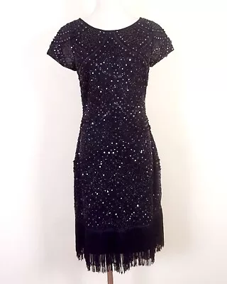 EUC Aidan Mattox Navy Tulle Sequin Dress Semi Formal Cap Sleeve Tassel Prom SZ 4 • $53.99