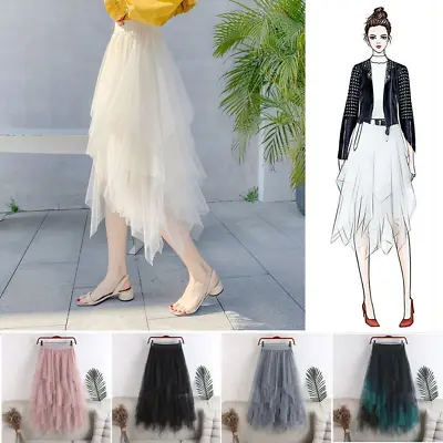 Women Layered Dress Half-Length Underskirt Pleated Longuette Mesh Tulle Skirt • £15.47