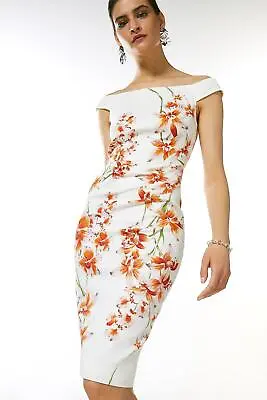 BNWT Karen Millen Italian Signature Stretch Floral Bardot Dress UK Size 14 EU 42 • £49.99