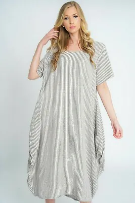 Ladies Lagenlook Italian Quirky Striped Linen Mix 2 Pocket Scoop Neck Long Dress • £23.99