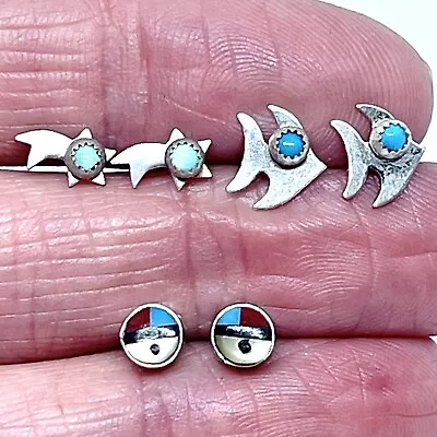 Stud Earring Lot 3 Pair Turquoise Star Zuni Sunface Fish Sterling 925 VTG USA • $22.95