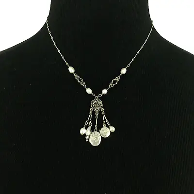 J JILL Vintage-style Sterling Silver Pearl Necklace - Y Locket Charm Drop 16-18  • $25