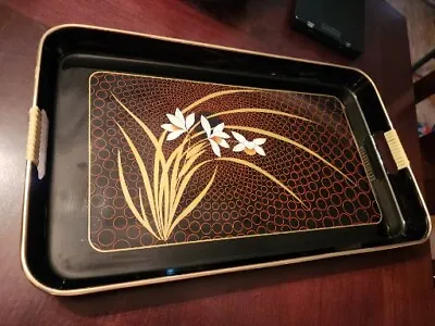 Vintage MCM Japan Glossy Black Laquer Ware Tray Gold Red Floral • $10