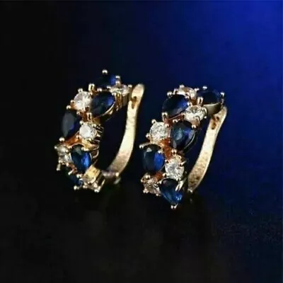 2Ct Pear Lab Created Blue Sapphire Women's Hoop Earrings 14K Yellow Gold Plated • $74.99