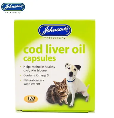 Johnsons Dog Cat Cod Liver Oil Supplement Healthy Skin Coat Bones 170 Capsules • £7.99