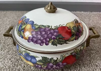 Vintage Cornucopia Ornate Dutch Oven Enamel Pot W/Lid Fruit Pattern 4 Quart • $45