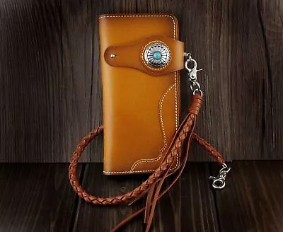 Men Turquoise Concho Leather Long Handmade Biker Wallet W/ Braid  Leather Chain • $62