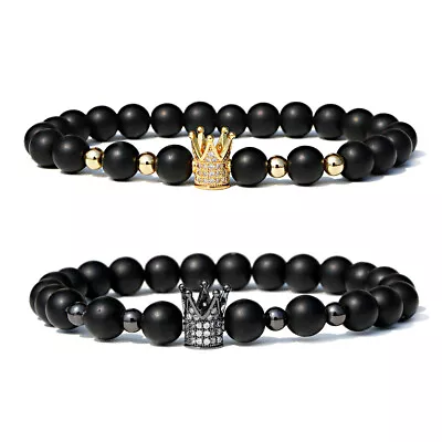 Men Women Crown Bracelet Natural Stone Matte Black Charm CZ Copper Bead Bracelet • $6.99