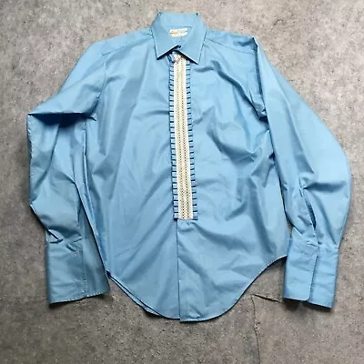 Vintage Manhattan Dura Brite 80s Shirt Mens L/XL Baby Blue Ruffle 70s Kocel Poly • $17.97