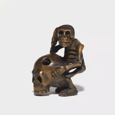 NETSUKE Japanese Wooden Sculpture Wood Carving Skeleton Skull 1.2x1.6x2.0in • £86.86