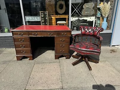 Vintage Oxblood Leather Chesterfield Captains Chair & Leather Top Desk • £349