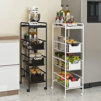 $59.21 • Buy 4 Tier Metal Slim Shelving Rack Shelf Rolling Kitchen Food Storage Utility Carts