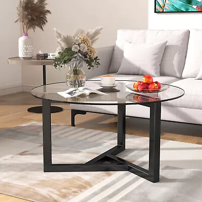 Round Glass Coffee Table Modern Cocktail Table With Tempered Glass Top • $203.55