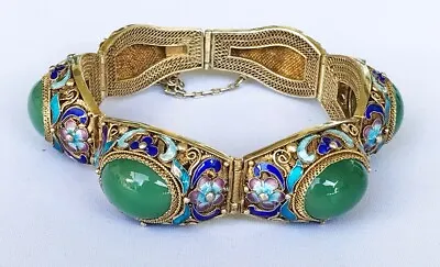 Vintage Chinese Export Gold Plated Silver Enamel Filigree Jade Bracelet 7  • $354.99