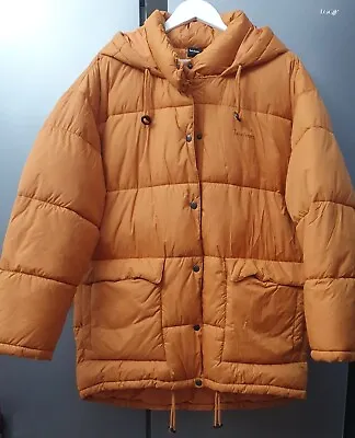 Urban Outfitters Iets Frans Puffer Jacket Hooded Mid Length Oversized M/L Orange • £39
