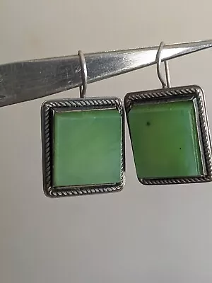 Antique Sterling 875 Silver Earrings Vintage Stone Nephritis Jade Green Square • $120