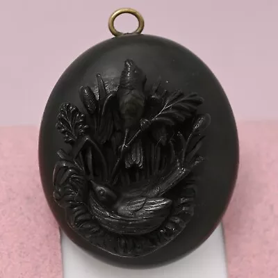 Antique Victorian Mourning Swallow Bird Nest Vulcanite PUFFY Pendant Locket • $365