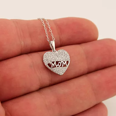 Sterling Silver 925 Mom Necklace CZ Heart Jewelry Lovely Mothers Day Gift N121 • $41.99