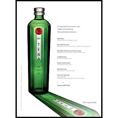 2002 Tanqueray No 10 Gin Vintage Print Ad Green Bottle Awards Wall Art Photo • £10.68