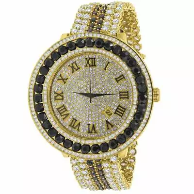 Men's Custom Big Face XXL Multi Cz Black & Yellow Remove Able Bezel Wrist Watch • £192.75