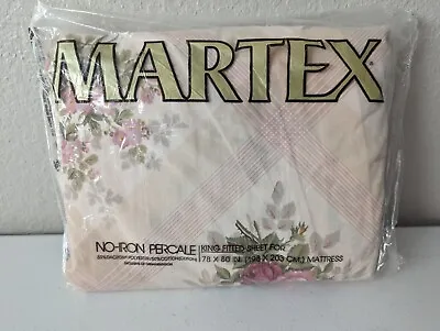 NEW Vintage Martex King Fitted Bottom Sheet Pink Pastel Floral Made In USA NOS • $32.99