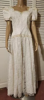Vintage 80's Mike Benet Formals Ivory Lace Sequin Dress Prom Party Medium • $79