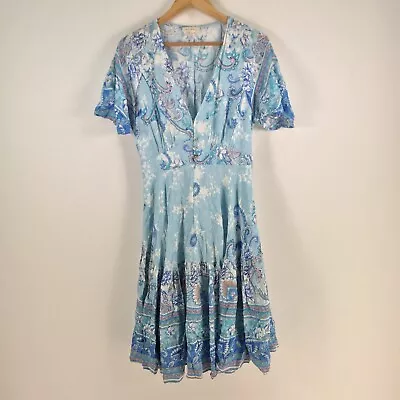 Iris Maxi Womens Dress Size 12 Blue Paisley Short Sleeve Vneck Rayon 080219 • $29.95