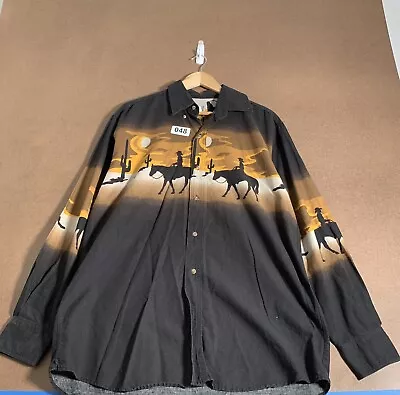 Vintage Western Button Up Shirt Adult Size Large Black Long Sleeve Mens 90s • $28.66