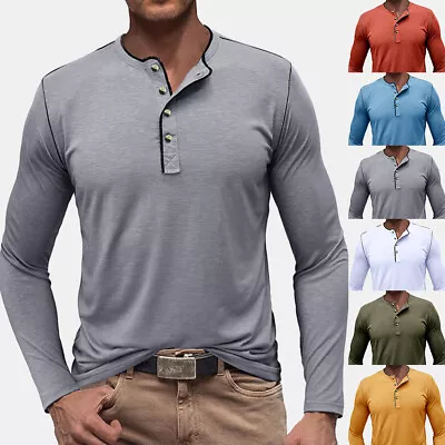 Mens Henley T Shirt Grandad Button V Neck Autumn Casual Long Sleeve Shirts Tops • $22.29