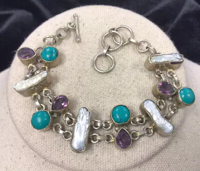 $49.99 • Buy Artisan Silver Plated Chunky & Wide Gemstone MOP Toggle Bracelet 8  V929