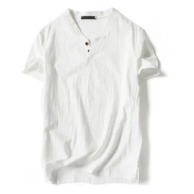 Retro Men Casual Cotton Linen Short Sleeve V-Neck T-shirt Top Blouse Tee Loose • $11.99