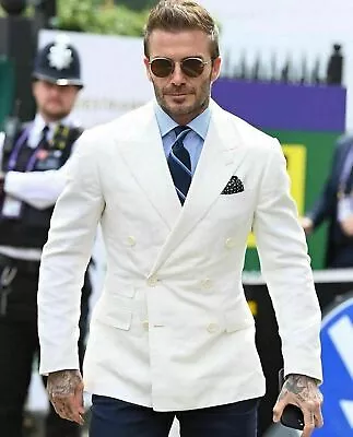 Mens White Linen Suits Double Breastes Wide Peak Lapel Wedding Business Tuxedos • $101.19