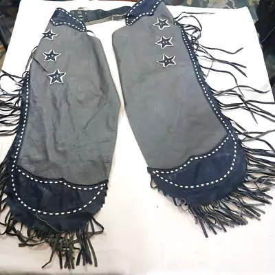 Vintage CHAP-PAREL Leather Rodeo Chaps Blue Gray Stars Fringe Gerald Roberts • $102