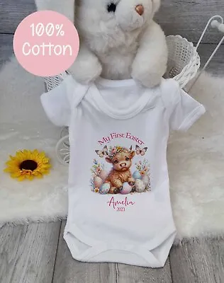 My 1st Easter ~ Personalised Babygro~ Vest~bib~Gift ~Cow ~Highland Cow Calf • £7.99