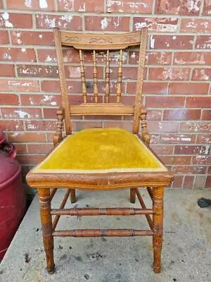 Vintage Oak Chair Spindle Carved Back Dining Hip Rests Yellow Velvet • $149.99