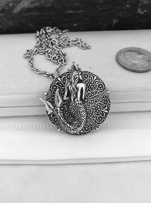 Mermaid Hidden Locket Necklace Antique Silver Vintage Pillbox Stash Box Pendant • $30