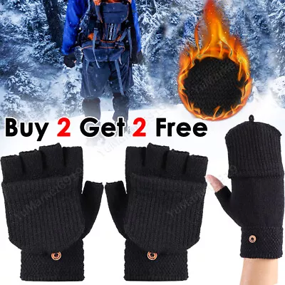 Men Women Winter Wool Knitted Convertible Mittens Flap Fingerless Gloves • $7.21