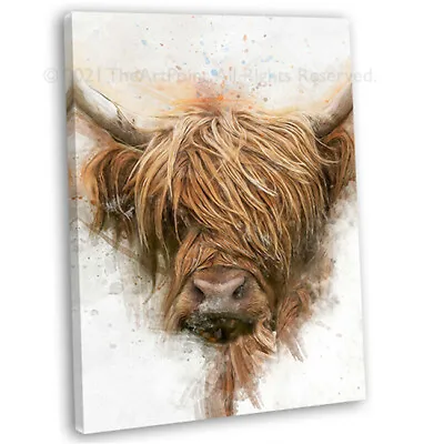 £24.99 • Buy Highland Cow Portrait Watercolour Canvas Print Framed Wall Art Picture