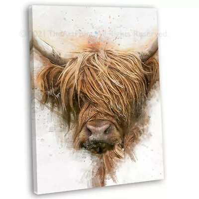 Highland Cow Portrait Watercolour Canvas Print Framed Wall Art Picture • £17.99