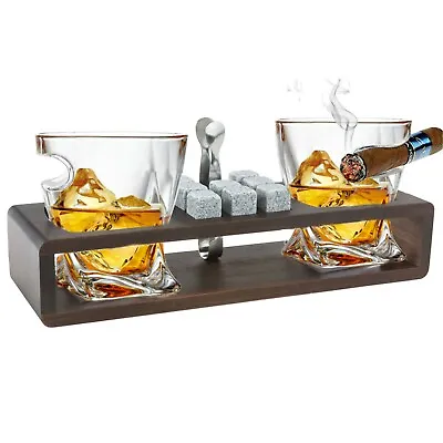 Whiskey Cigar Glasses Gift Set - Chilling Stones And Accessories On Wooden Tray  • $39.95