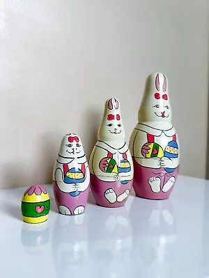 Vintage Painted Easter Bunny Family Wooden Nesting Dolls Set Of 4 Spring Decor • $19.99