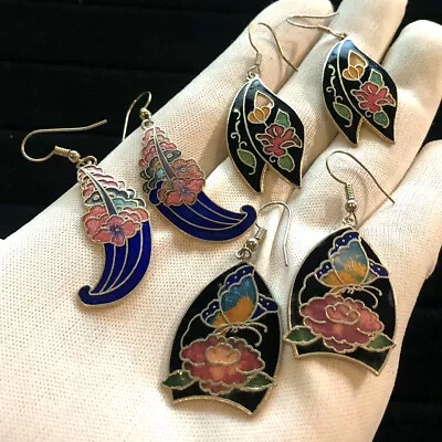 Vintage Cloisonne Enamel Dangle Drop Earrings Gold-tone • $11.34