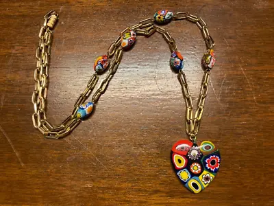 Millefiori Murano Venetian Art Glass Heart Gold Tone Beaded Necklace Italy • $40.99