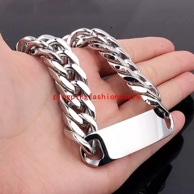 High Polished Stainless Steel Silver ID Chain Curb Cuban Men's Bracelet 9  15mm • $8.54