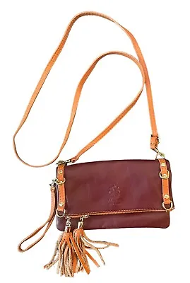 Vera Pelle Genuine Italian Leather Crossbody Bag Tassel Fold Out Wristlet Clutch • $39.99