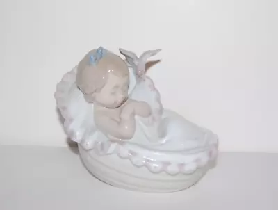 Lladro Comforting Dreams Sleeping Baby In Basket With Bird Sculpture #6710 • $69.99