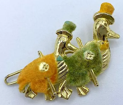 F5-2254 Vintage Brooch Gold Tone Pin 1.75  Animal Fuzzy Ducks Bird • $4.99
