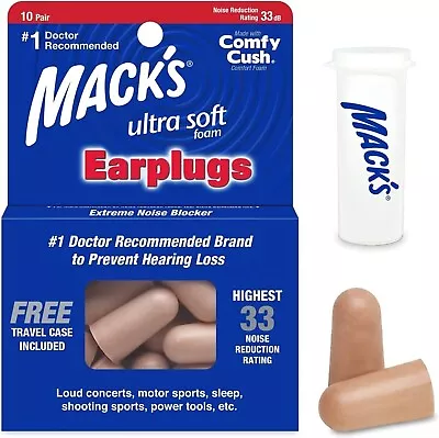 MACK'S #92 Ultra Soft Foam Comfort Earplugs 10 Pair With Travel Case FREE SHIP • $9.49