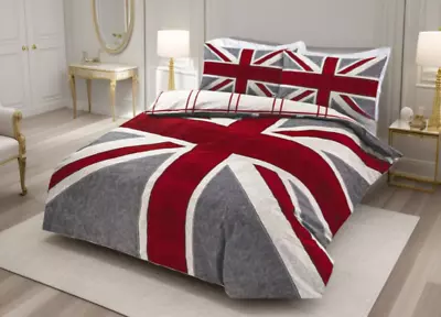 Union Jack Duvet Cover Grey Red Printed Duvet Cover Bedding Set • £8.39